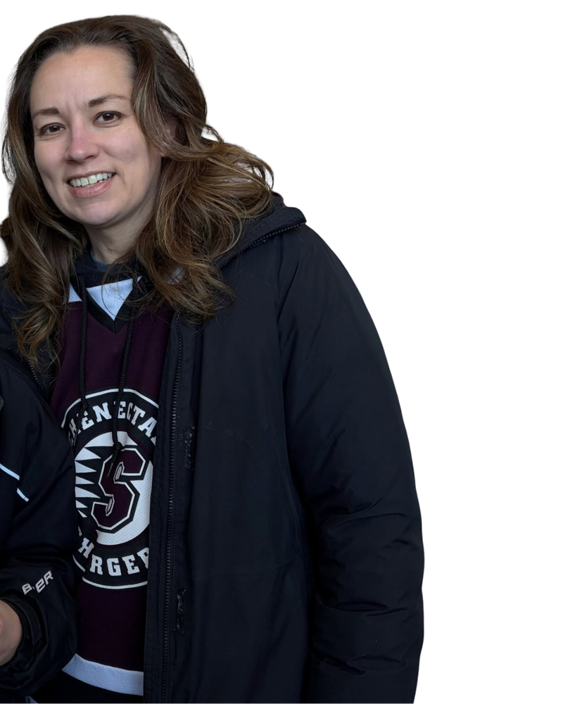 Sarah Rogerson in a black winter jacket over a Schenectady hockey jersey